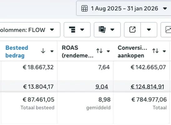 Screenshot uit Meta Ads Manager, 1 aug 2025 – 31 jan 2026: € 87.461 besteed, ROAS 8,98, € 784.977 conversiewaarde aankopen
