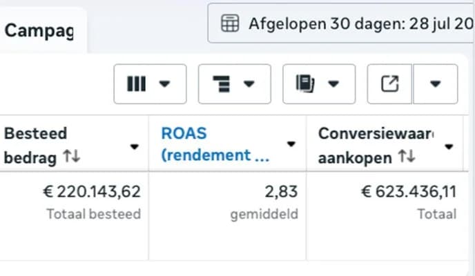 Screenshot uit Meta Ads Manager, 30 dagen vanaf 28 jul: € 220.144 besteed, ROAS 2,83, € 623.436 conversiewaarde aankopen