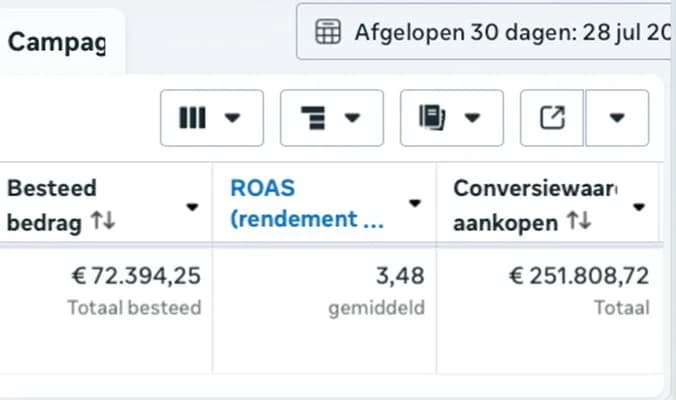 Screenshot uit Meta Ads Manager, 30 dagen vanaf 28 jul: € 72.394 besteed, ROAS 3,48, € 251.809 conversiewaarde aankopen